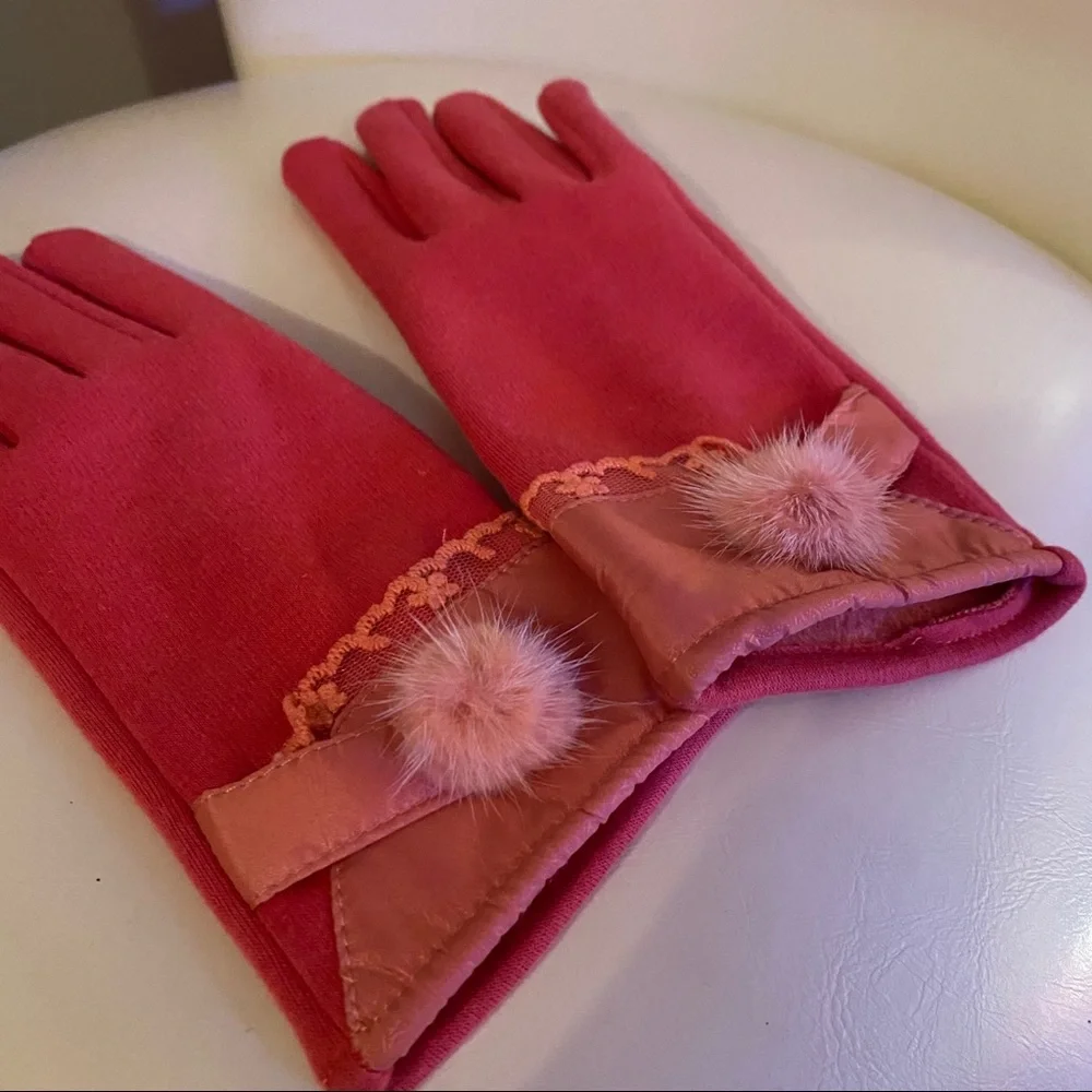 Pink Fur Pom Pom Lace Fleece Lined Gloves